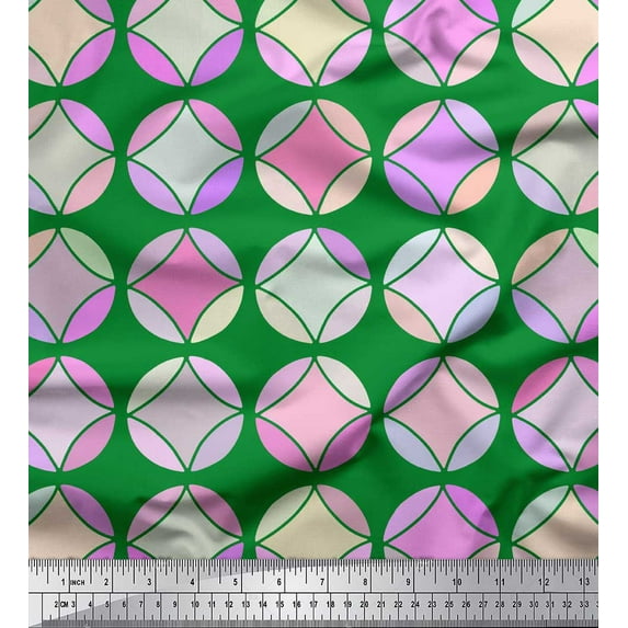 Soimoi Green polyester Crepe Fabric Circle Art Geometric Printed Fabric 1 Yard 42 Inch Wide