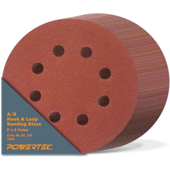 POWERTEC 75PK 5 Inch 8 Hole Hook and Loop Sanding Discs, 40/80/120, Assorted Grits Sandpaper for Random Orbital Sanders  (45003)
