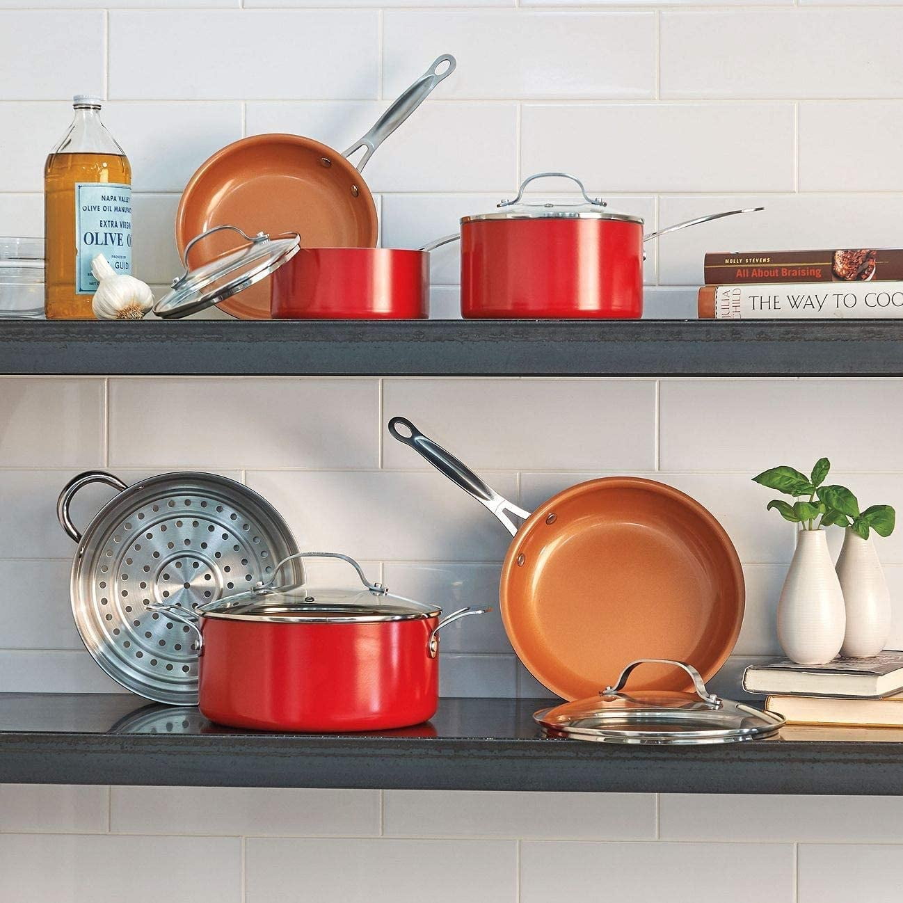 Gotham Steel 15 Pc Pots and Pans Set Non Stick, Cookware Set with Utensils, Nonstick Ceramic Pot and Pan Set, Titanium Infused and Diamond Reinforced, Dishwasher Safe, red