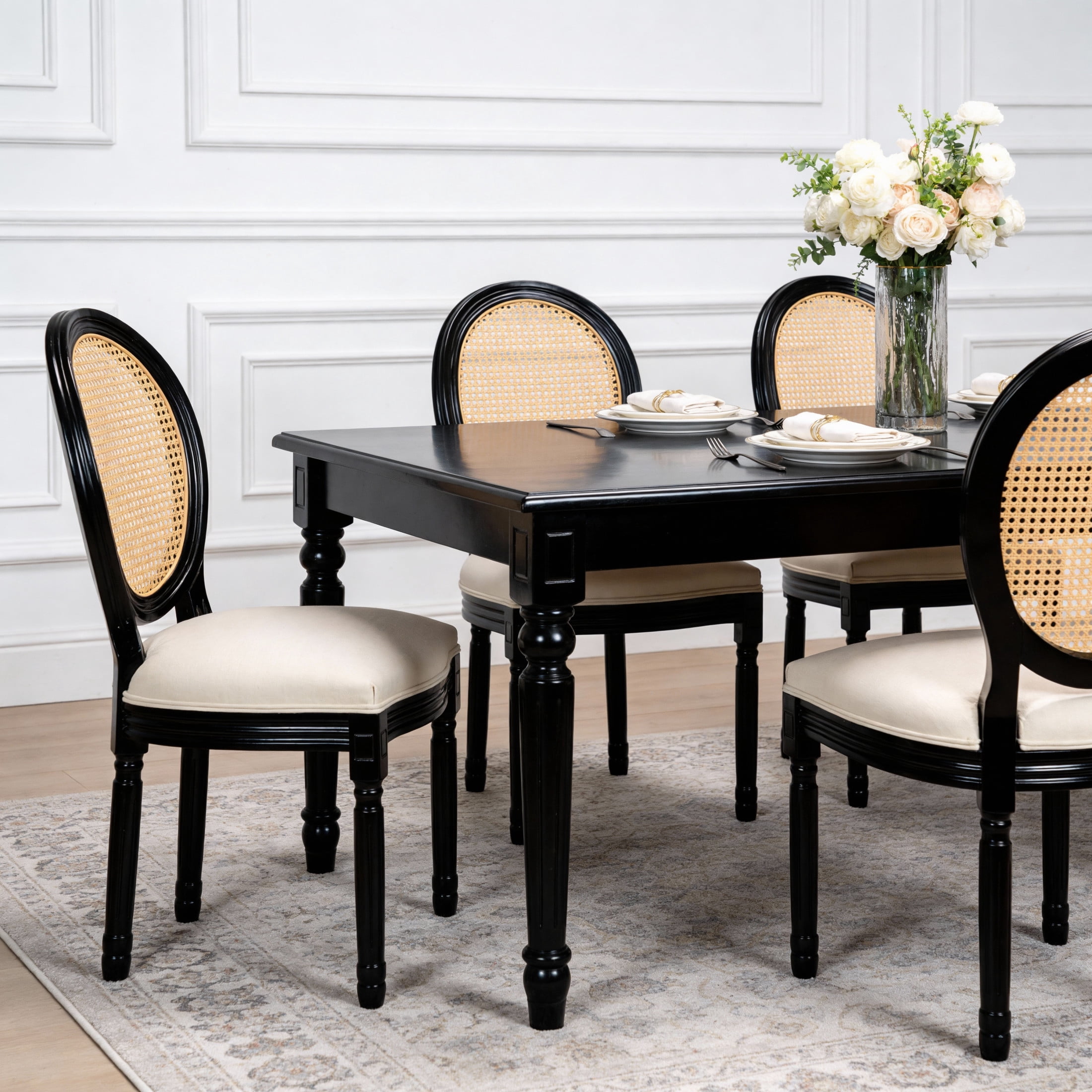Noble House Caldon French Country Upholstered Dining Chairs with Solid Wood Frame and Rattan Back, Beige, Set of 2