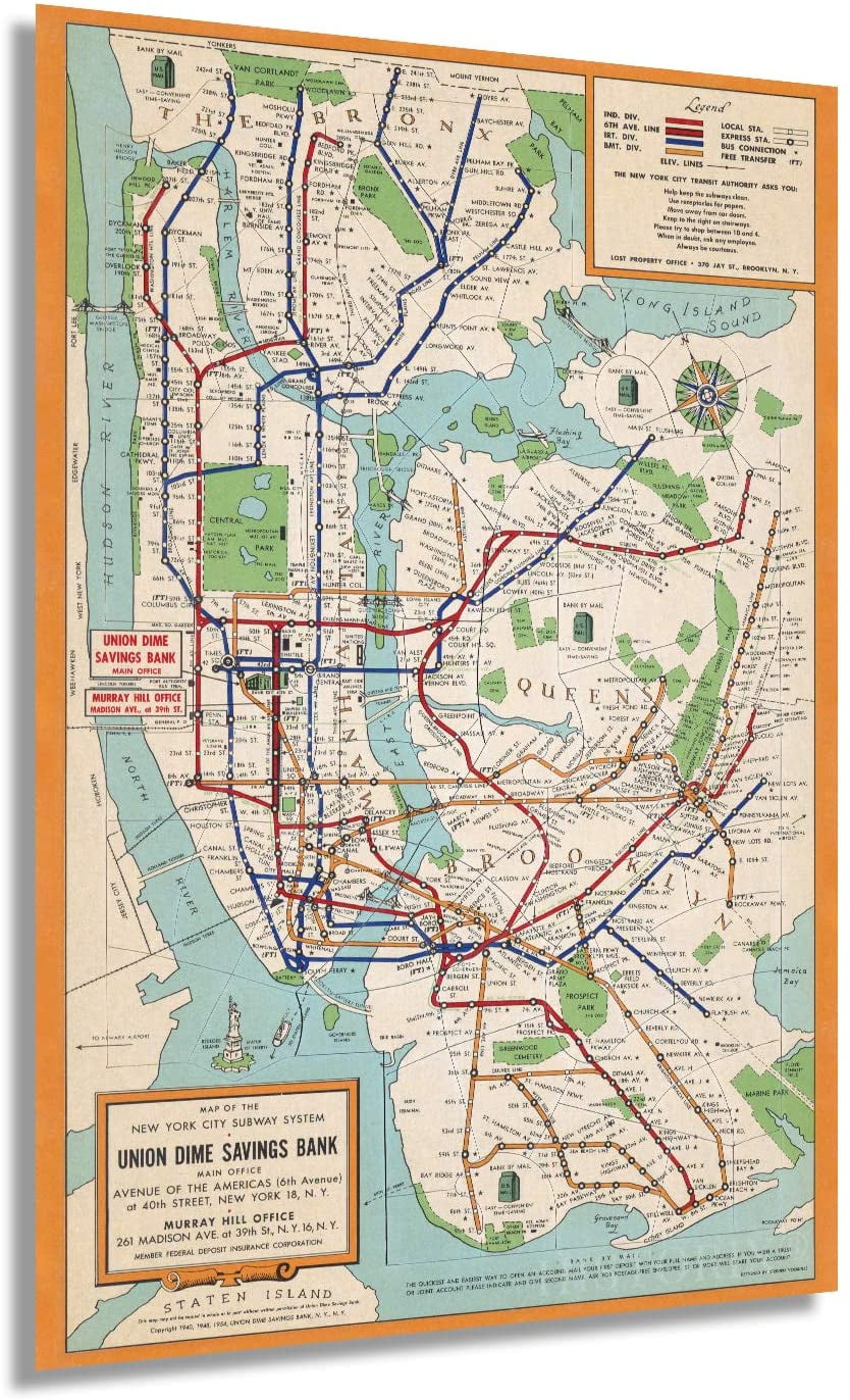 HISTORIX 1954 New York City Subway Map Poster - 16 x 24 Inch Vintage