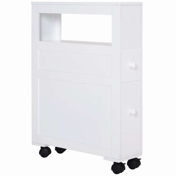 HOMCOM Wood Rolling Narrow Bathroom Side Storage Cabinet - White