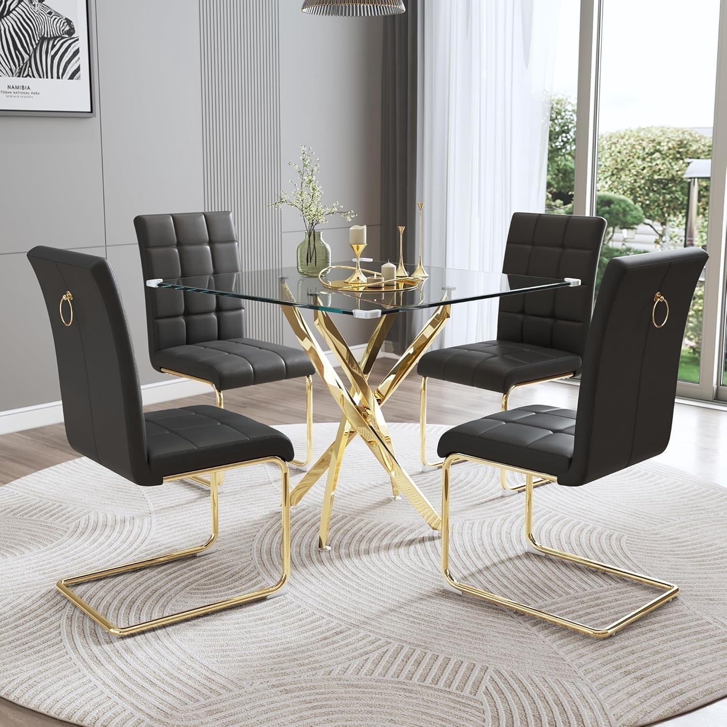 5-Piece Dining Table Set, 36" Square Clear Tempered Glass Table & 4 PU Cantilever Chairs with Stainless Steel Legs, Dining Table Set for Small Space, Apartment, Home Office