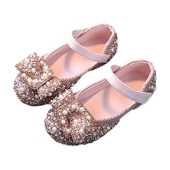 IVEYRTF Girl Rhinestone Pearl Bow Mary Janes with Adjustable Strap Sparkly Dress Flats for Girls Kids' Elegant Party Shoes(Pink,9.5-10 Years)