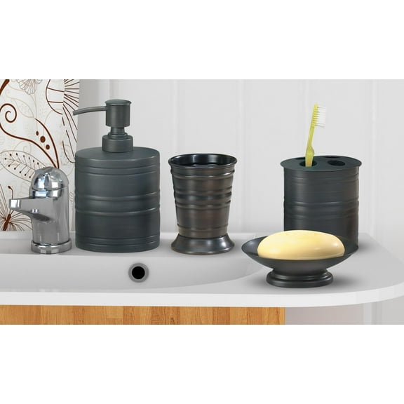 nu steel Bogart metal bathroom accessories set, 4 piece Luxury ensemble includes soap dish, toothbrush holder, tumbler, soap and lotion pump, Natural Wood