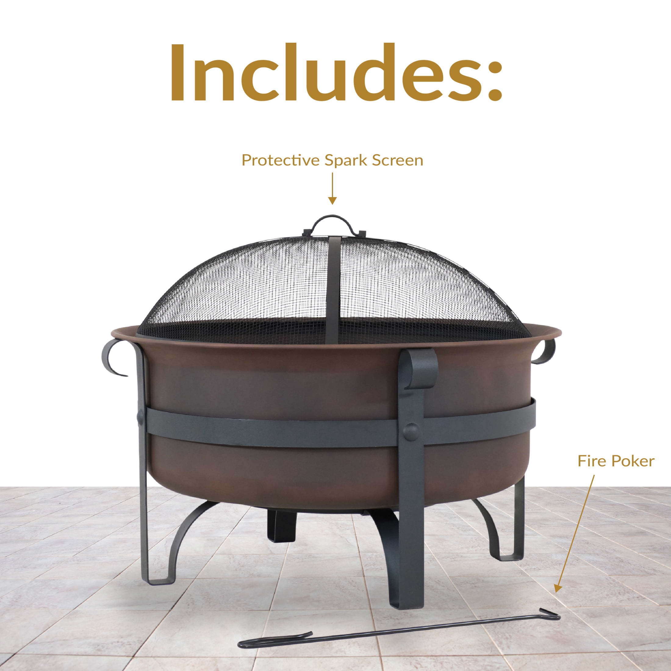 Sunnydaze 29" Round Wood-Burning Bronze Finish Steel Fire Pit Bowl with Spark Screen and Poker