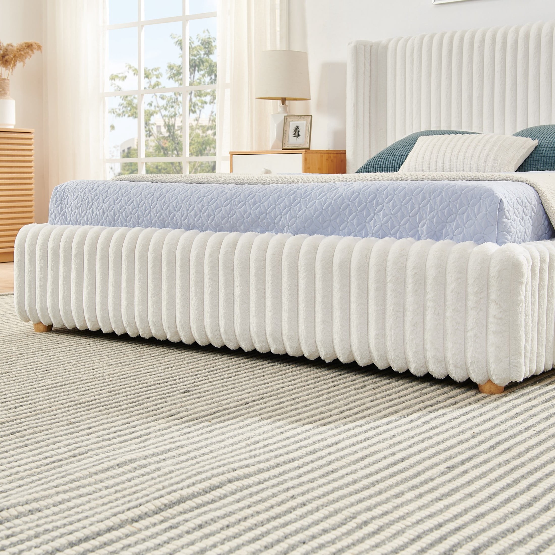 Noble House Renton Queen Size Platform Bed, Fluffy Faux Rabbit Fur Fabric Bed with Under-Bed Storage System, Beige