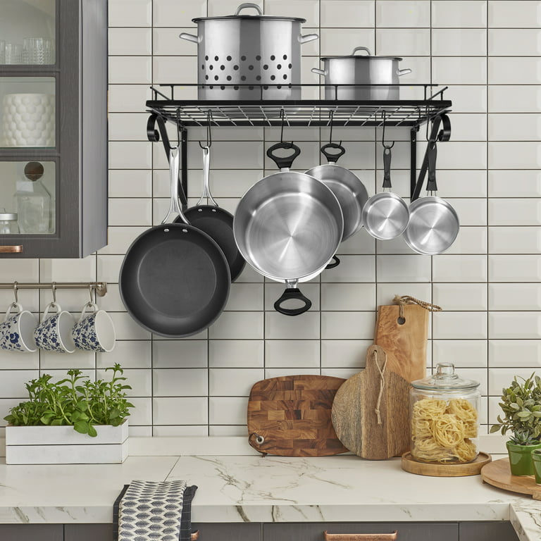 Heavy Duty Kitchen Wall Mounted Hanging Pot and Pan Rack Organizer with Ten  Hooks | 2-Tiered Shelves for Kitchen Storage Organization, Bakers Rack