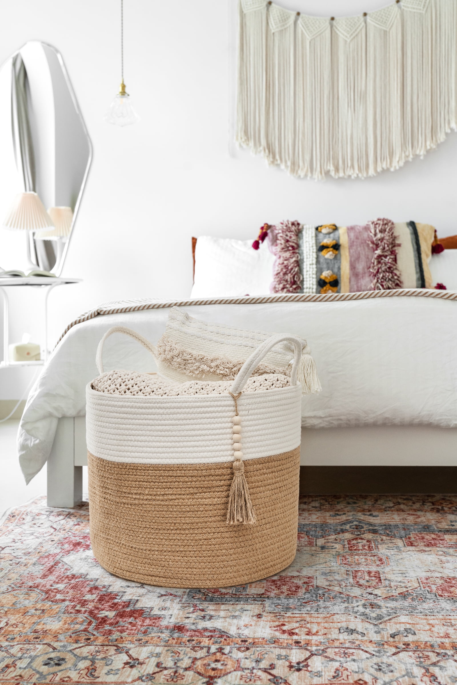 Mkono Woven Storage Basket with Decorative Bead Organizer Bin with Handles for Blankets Toys Clothes, 16"x 13.8"