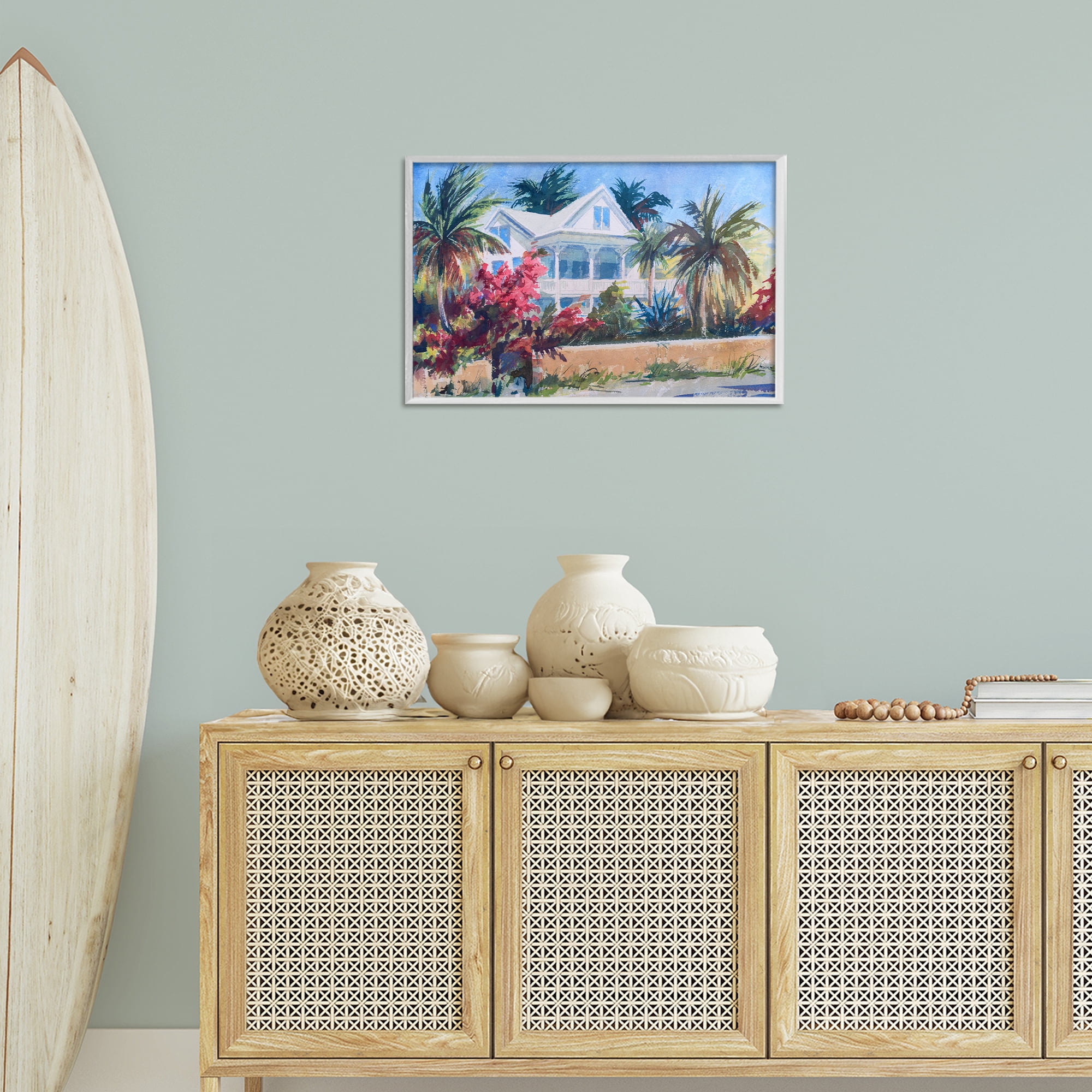 Stupell Industries Palm Tree Cottage Landscape Painting White Framed Art Print Wall Art, 24 x 16