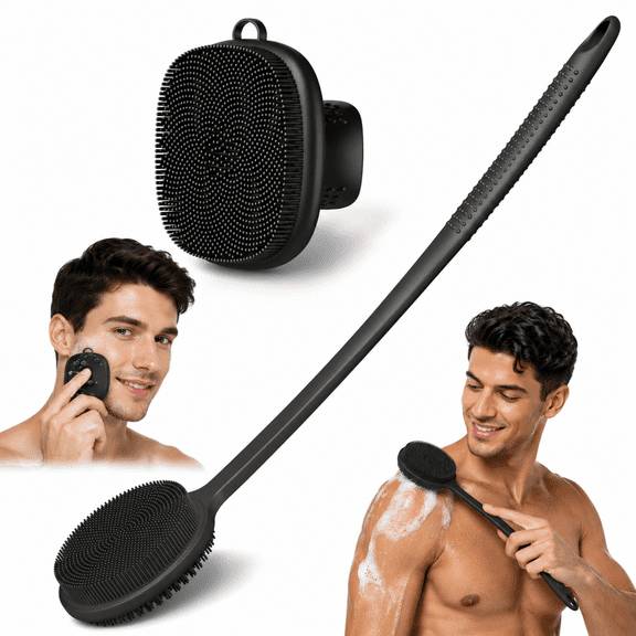 Silicone Back Scrubber Set for Shower – 2 Pack Body and Face Exfoliating Brush with 17-Inch Long Handle, Soft Cleansing Tool for Men Women