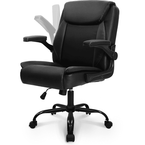 NEO CHAIR Office Desk Computer Chair Ergonomic Executive Mid-Back Leather Gaming Chair with Adjustable Flip-Up Armrests Wheels Swivel for Home Study Task (All Black)