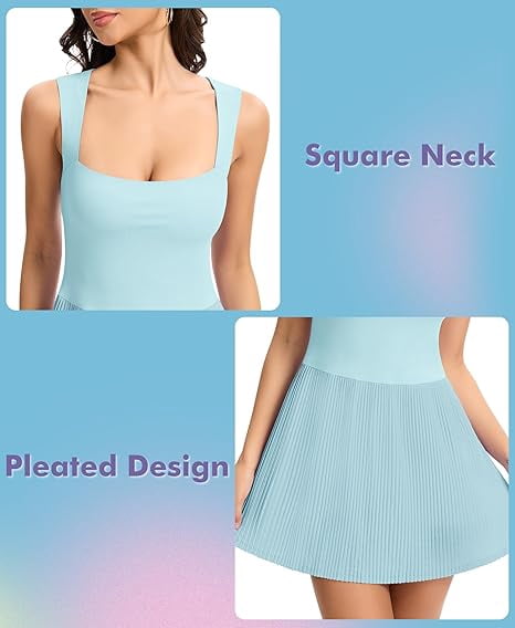 JoyGirl Womens Square Neck Tennis Dress Pleated Sleeveless Golf Dress with Built in Shorts Athletic Dresses with Pockets