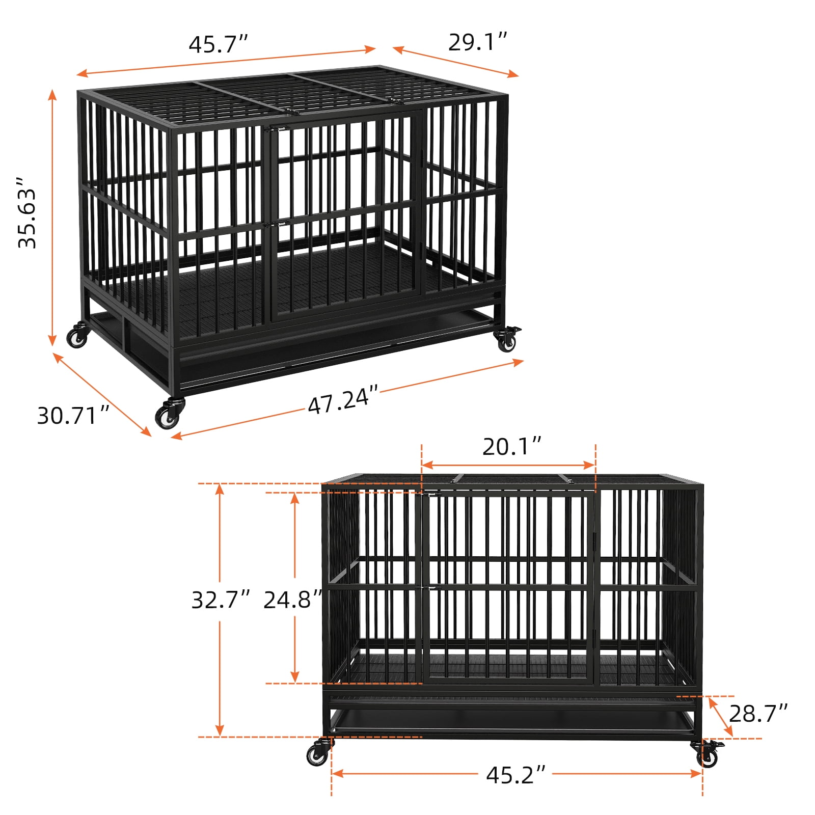 Walnest (48in) Large Dog Crate Rustproof Sturdy Black Dog House Dog Crate with Double Doors For Small and Medium Dogs