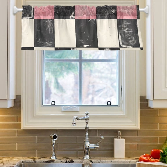 Ryvnso Pink and Black Checkered Pattern Window Valance Kitchen Farmhouse Rod Pocket Short Curtain 54x18 inch