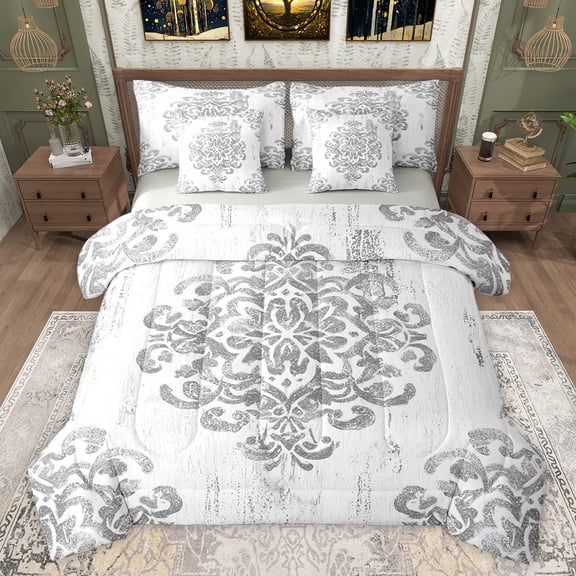 jejeloiu Vintage Victorian Pattern 7-Piece Twin Bedding Sets,Retro Damask Flower Bedding Comforter Set,White Gray Sheet Sets For Girls Kids,Microfiber Bedroom Decor Reversible
