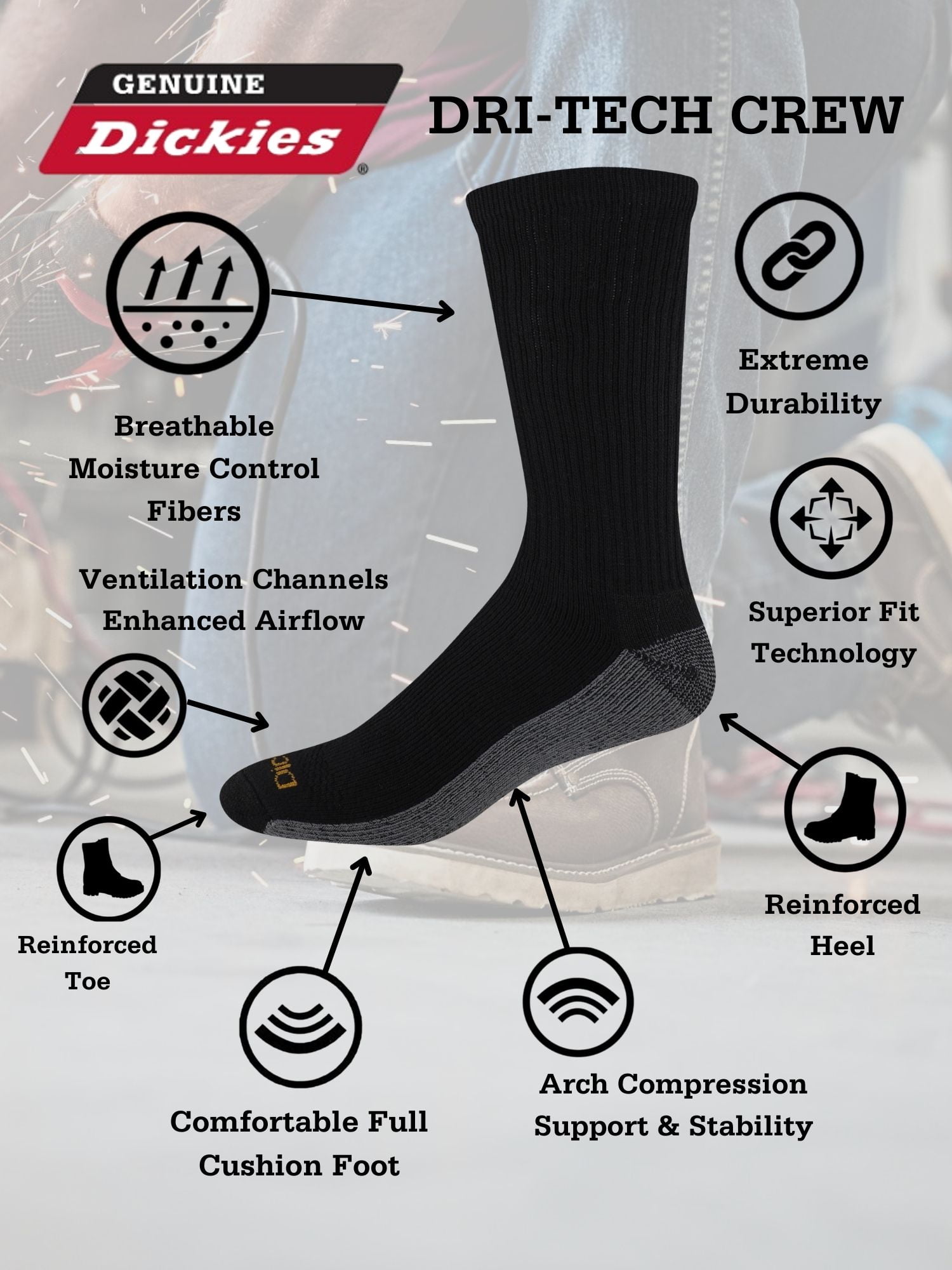 (2 pack) Dickies Men's Dri-Tech Crew Socks, 6-Pack Black Size 6-12