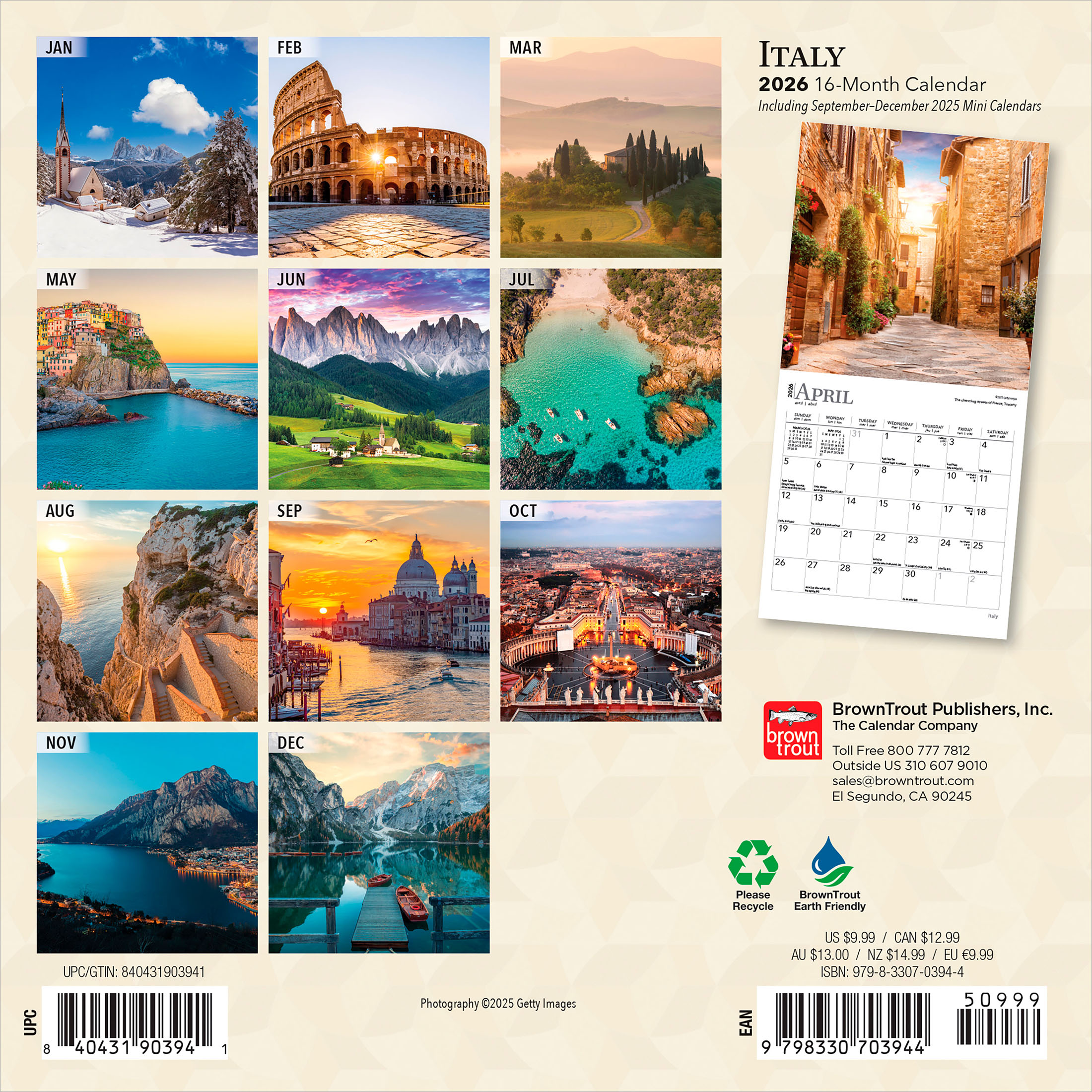 Italy | 2026 7x14" (Hanging) Monthly Mini Wall Calendar | BrownTrout