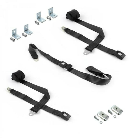 Chevy Truck 1988-1998 Standard 2 Point Black Retractable Bench Seat Belt Kit with Bracketry - 3 Belts