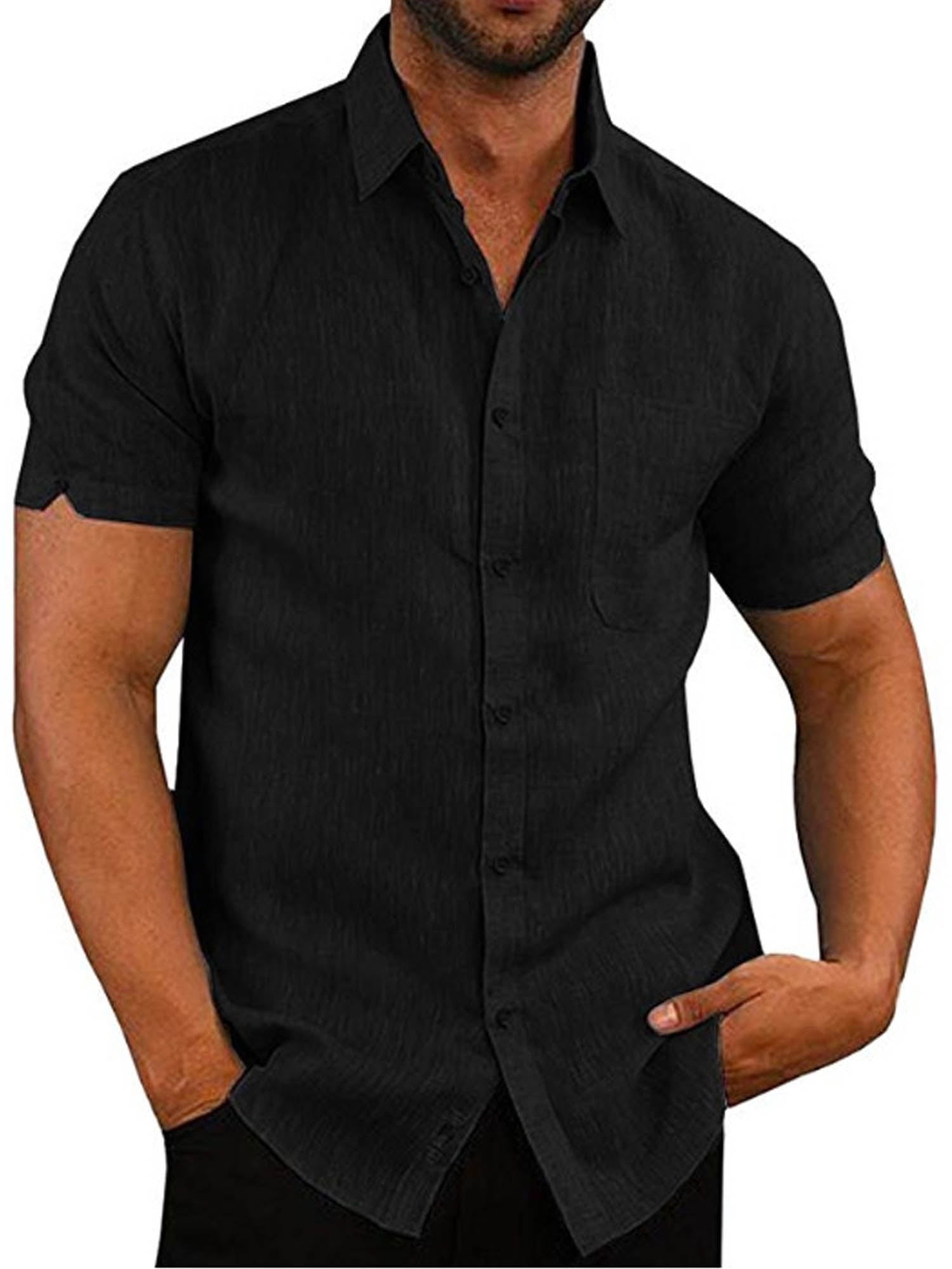 Men's Short Sleeve Shirt Casual Button Down Cotton Linen Loose Beach ...