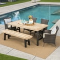thumbnail image 2 of GDF Studio Bruna Outdoor Wicker and Acacia Wood 6 Piece Dining Set with Bench, Brushed Gray, Multibrown, and Beige, 2 of 7