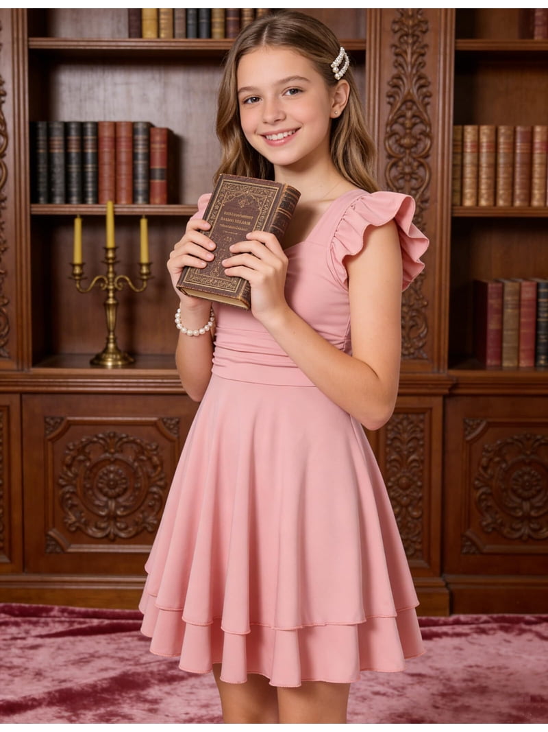 pink dresses for tweens Sugar and Jade Tween Girls Floral Lace Mini Dress | Size 18 knee length Lanbubble Girls Ruched Dresses Ruffle