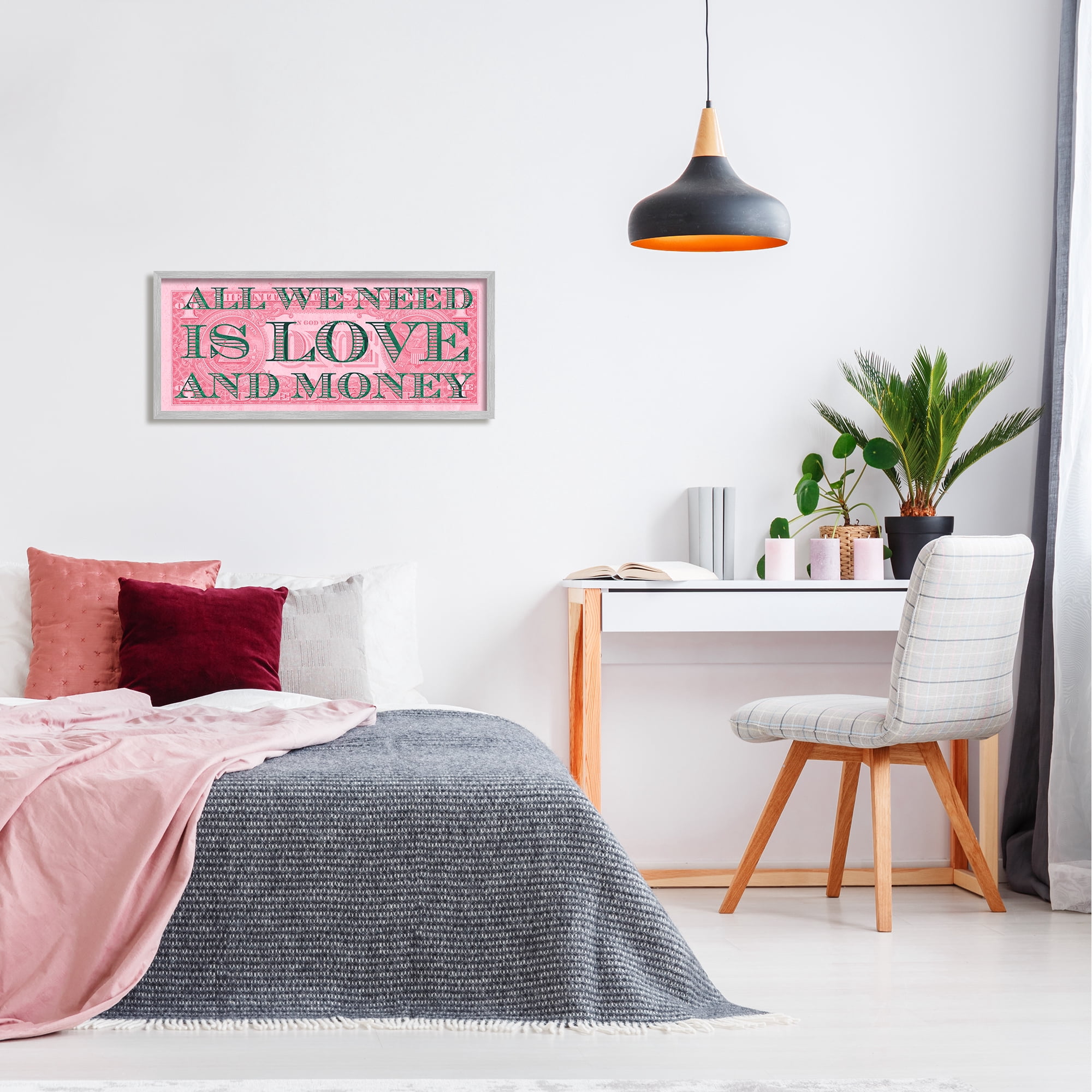 Stupell All We Need Love & Money Pink Dollar Inspirational Painting Gray Framed Art Print Wall Art