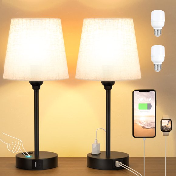 Set de 2 lámparas de mesa Acaxin para dormitorio con USB-C y toma de corriente AC