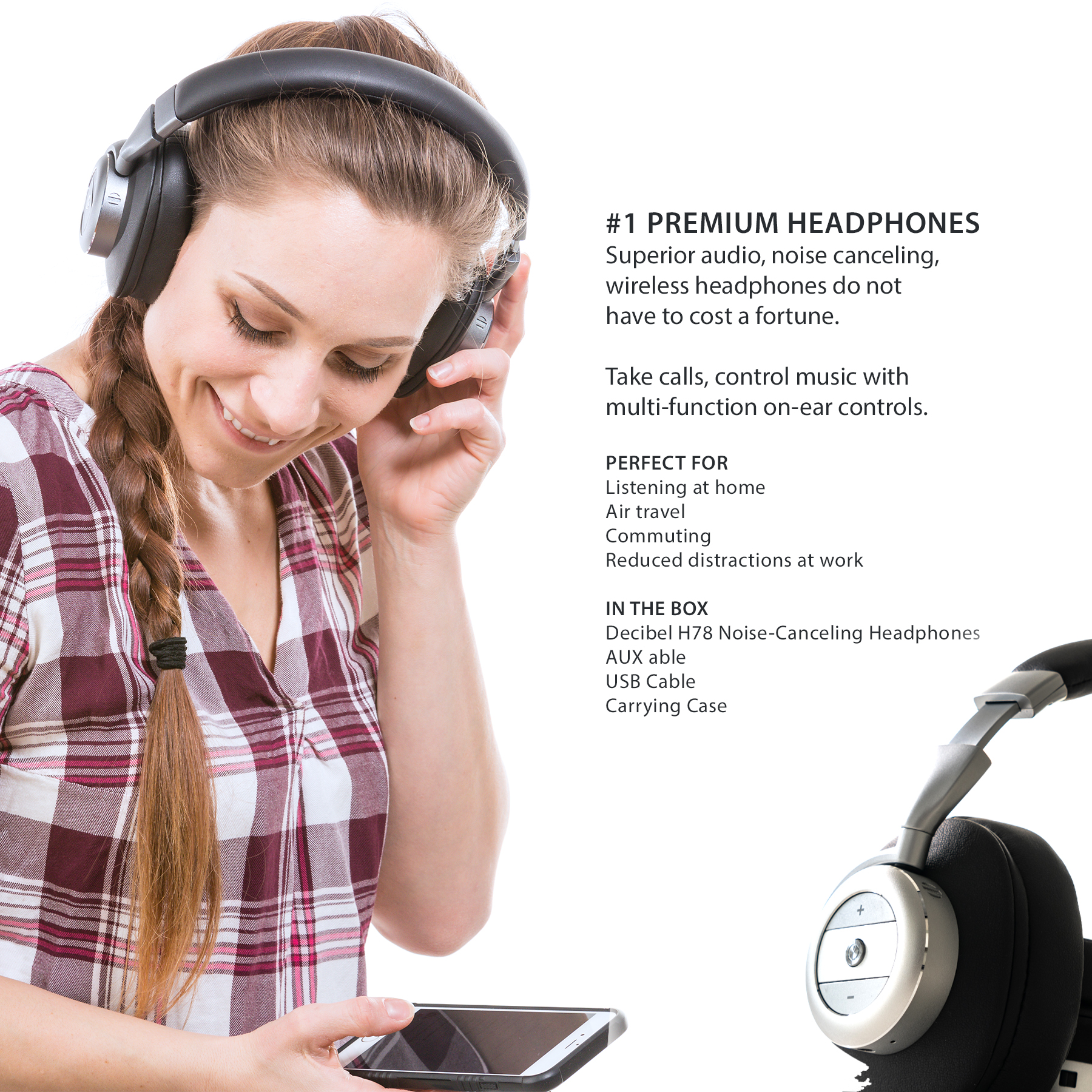 Decibel Electronics Bluetooth Noise Cancelling Over-Ear Headphones, Black, Decibel H78 - image 2 of 9