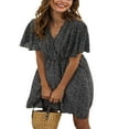 thumbnail image 3 of Femmes Casual Mousseline de Soie Mini Robe Manches Courtes Point Imprimé V Cou Taille Haute une Robe de Ligne d'Été Robe de Plage, 3 of 6