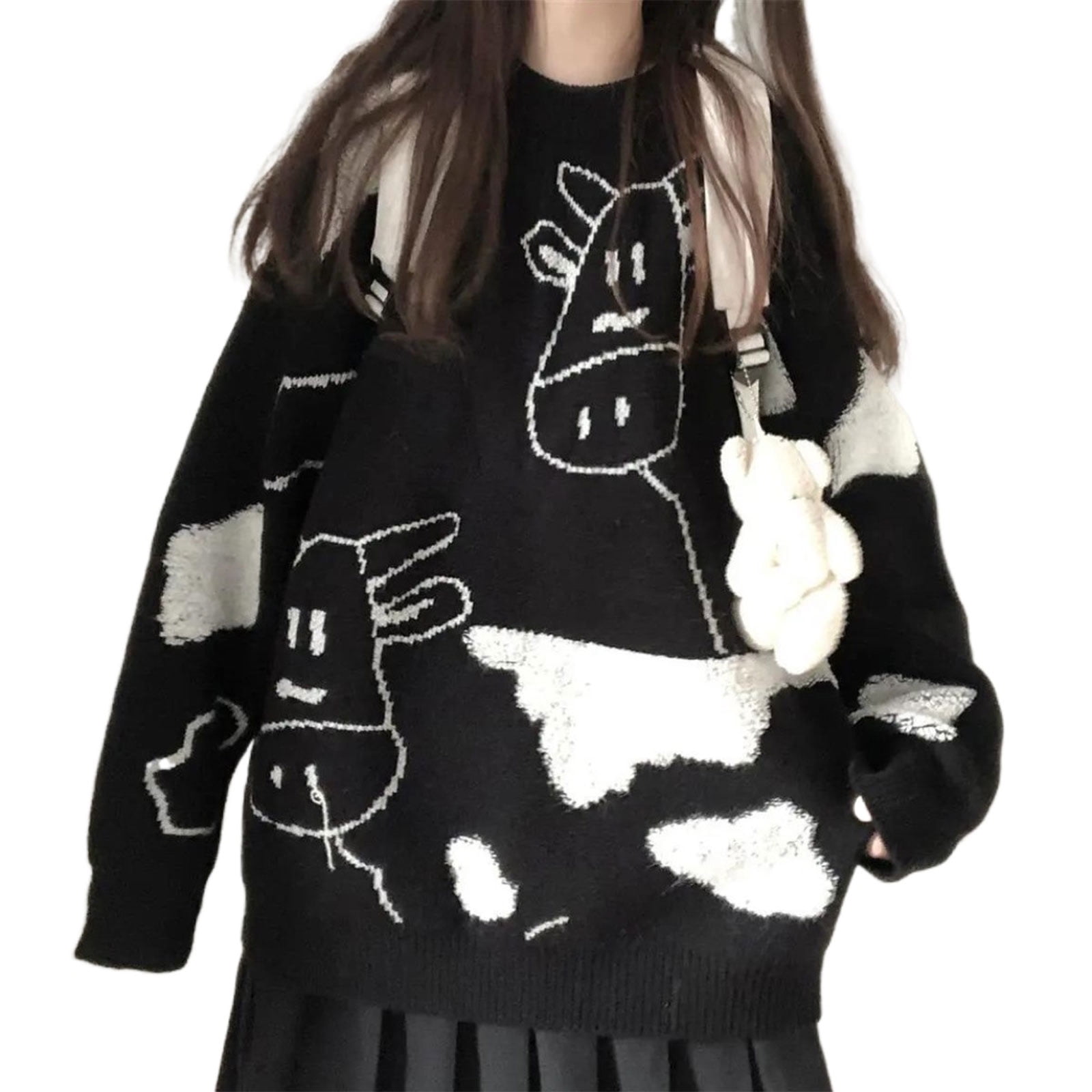 Musuos Women Crew Neck Loose Sweater, Long Sleeve Cartoon Cow Print Pullover, Women's, Size: Small, Black