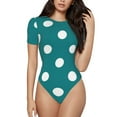 thumbnail image 2 of Goofa White Polka Dots With Teal Background Printed Women Rash Guard Short Sleeve,Tummy control Swimsuit Surfing Swimsuit Bathing Suit One Piece Swimsuit UPF 50-Small, 2 of 9