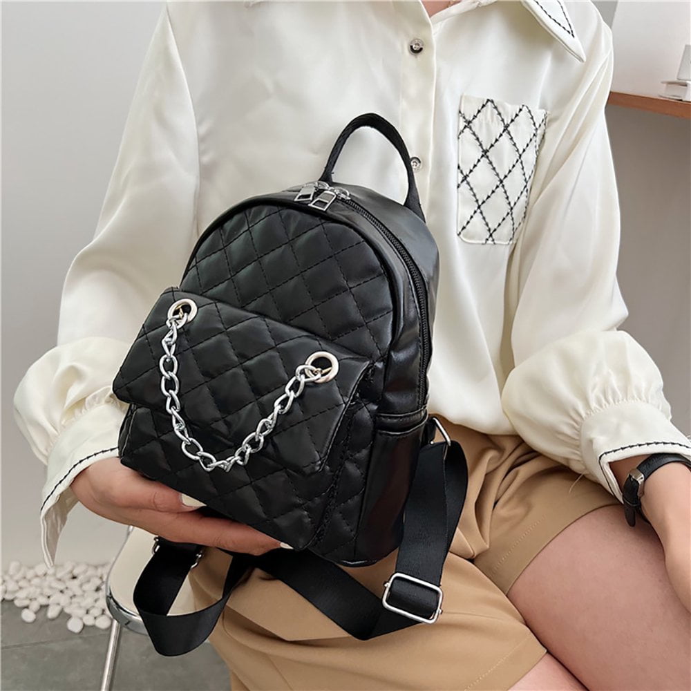 Fashion Rhombus Backpack Leather Women Student Shoulder School Bag Black