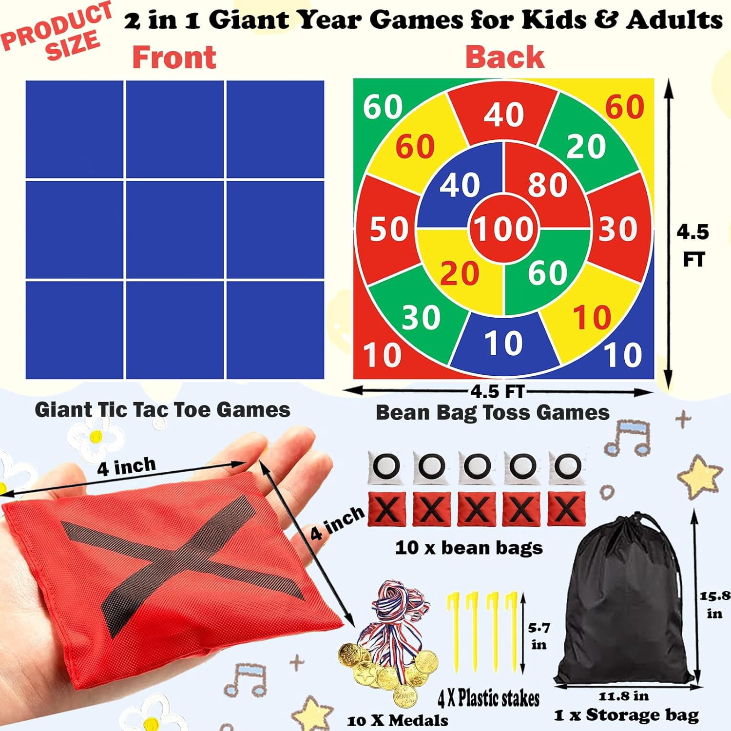 2-in-1 Outdoor Giant Tic Tac Toe Bean Bag Toss Games for Kids Adults,4.5Ft Large Outside Picnic Lawn Backyard Games for Kids Family Birthday Party Beach Carnival Outdoor Fun Giant Yard Field Day