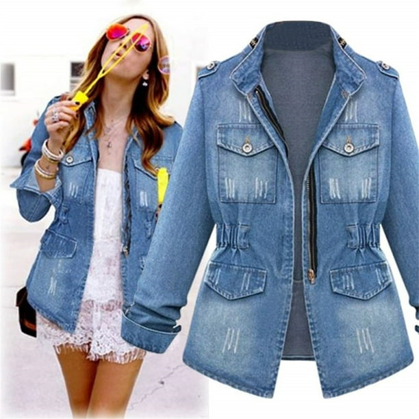Chaquetas de mezclilla con cremallera para mujer Abrigo de mezclilla con solapa de manga larga de talla grande Tops casuales de invierno Ropa de abrigo de moda Fridja fhghd824 Walmart