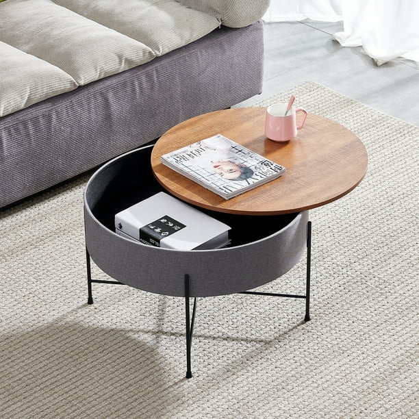 Round Tea Table Coffee With Storage Space Top Openable Modern Wood Metal Frame For Living Room Brown Black Com Round Tea Table Coffee With, Four Hands Mesa Round Coffee Table Set
