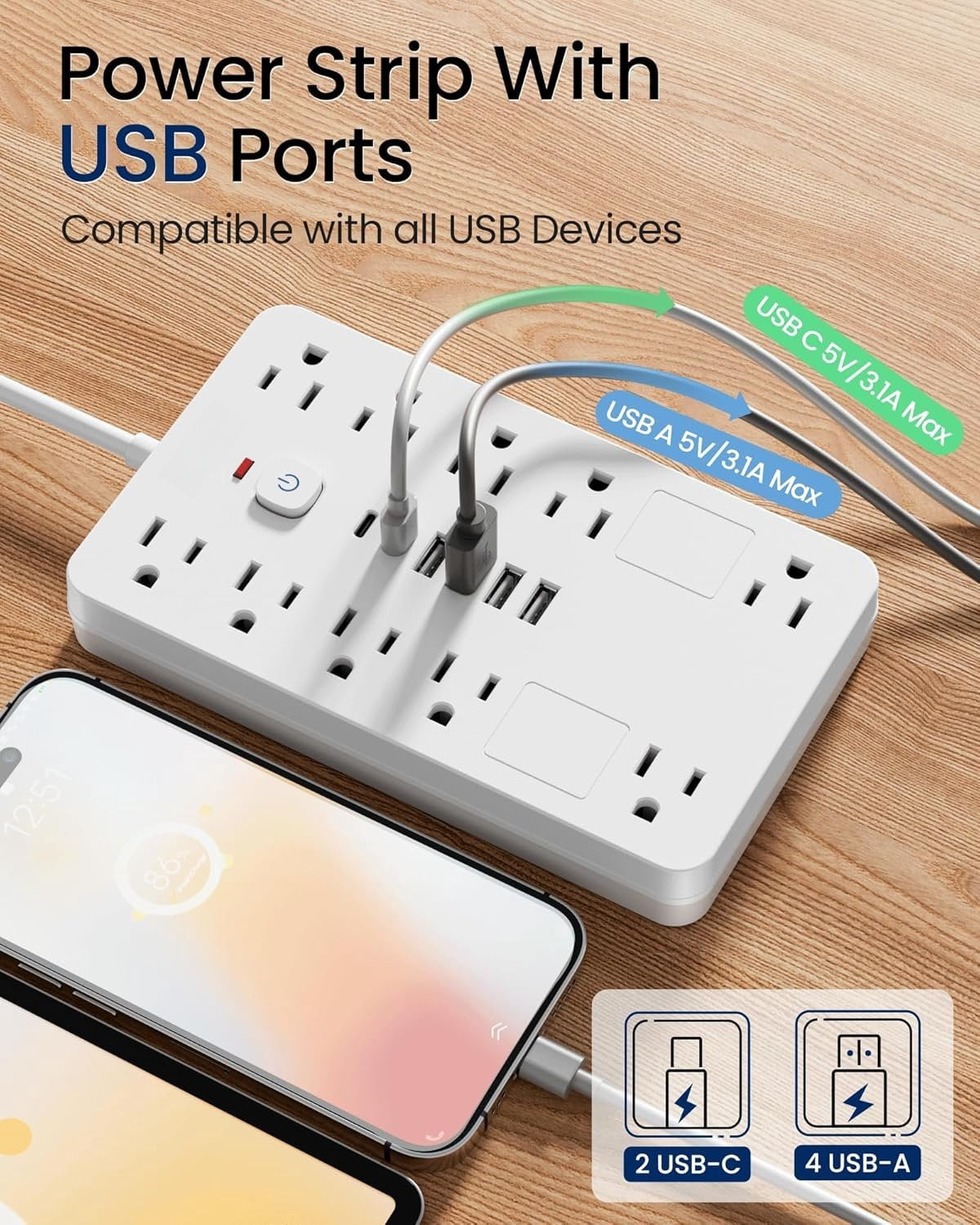 Surge Protector Power Strip,10 Outlets(1850W/15A/14AWG) with 6 USB Ports (2 USB C), 6  Extension Cord wall Mount Power Strip, ETL Listed for , Dorm Room