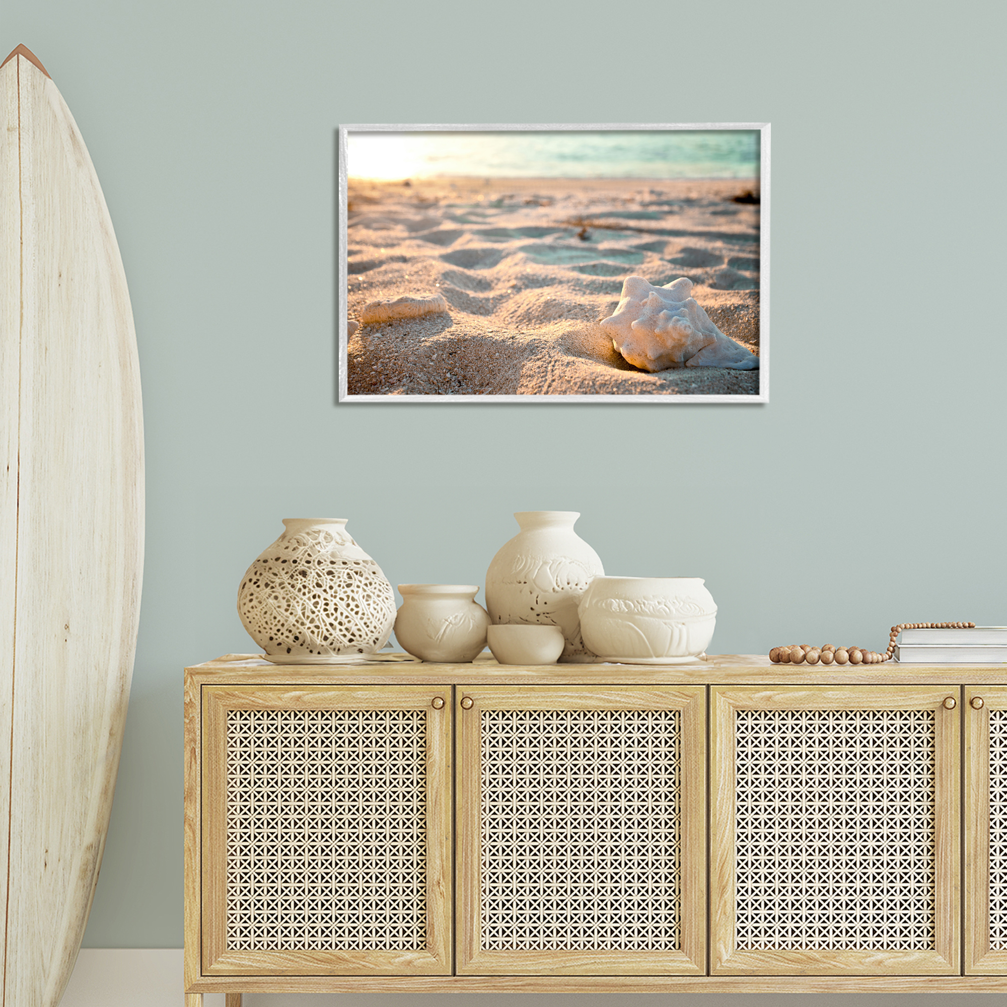 Stupell Industries Conch Shell in Sand Coastal Photography White Framed Art Print Wall Art, 30 x 20