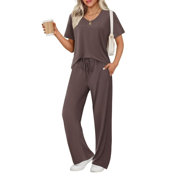 Ekouaer Lounge Sets for Women Ribbed Pajama Set Short Sleeve Top and Long Pants Set with Pockets Sleep Set