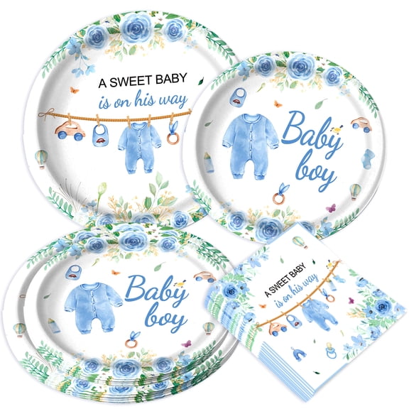 Blue Themed Baby Shower Party Plates & Napkins Set - Sweet Arrival Decorations