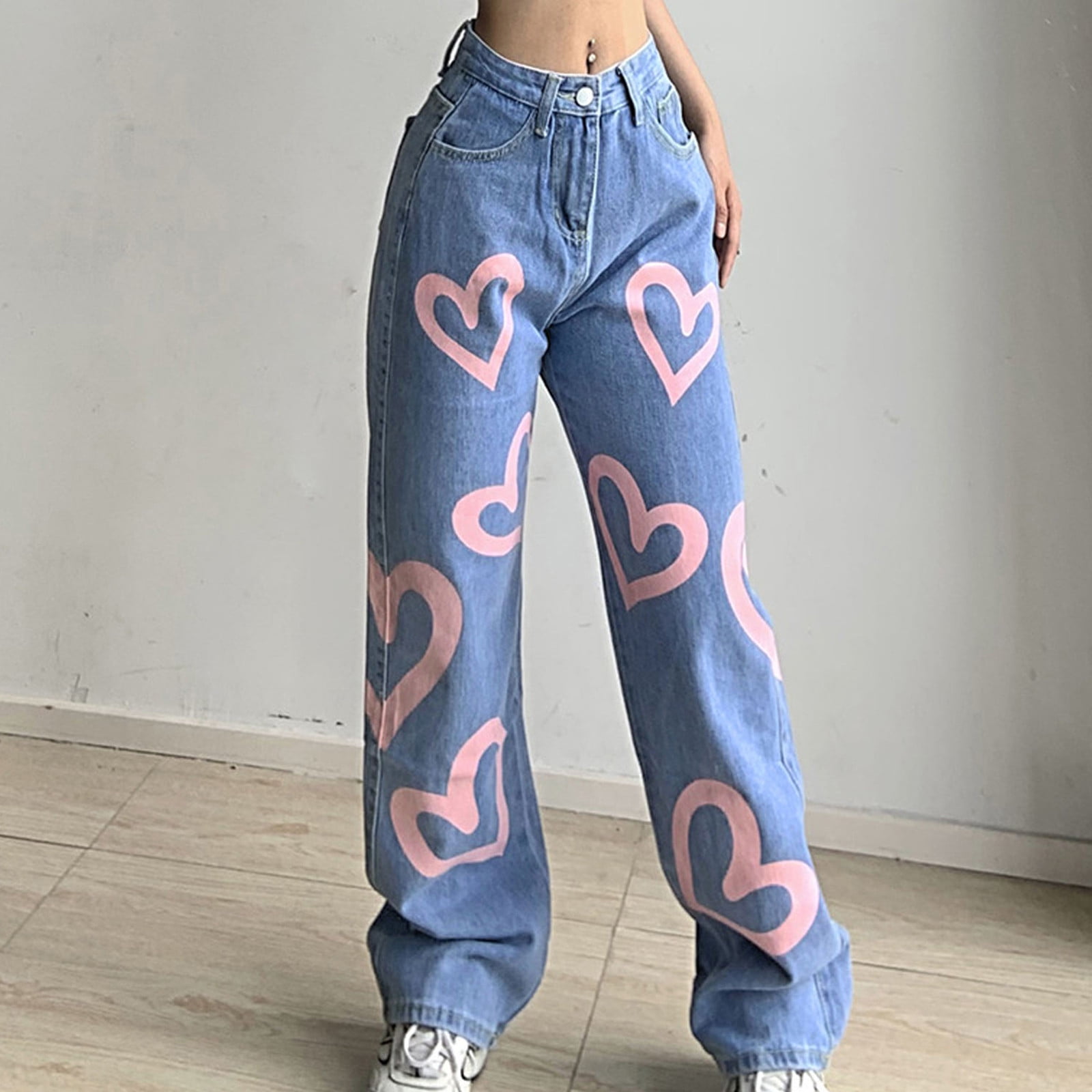 TIANEK Womens Pants & Leggings,Women Casual Pants High Waist Slim Love  Graffiti Printed Straight Tube Street Style Jeans - Walmart.com