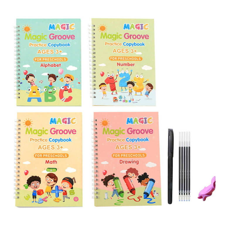 Lingouzi 4pc Children's Magic Copybooks,Handwriting Practice For Kids,Dry  Erase Markers,Calligraphy Pens For Back to School,Reused Handwriting
