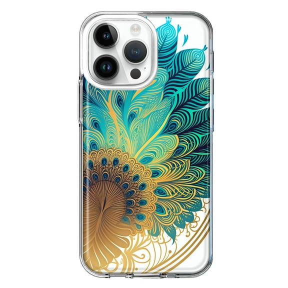 MUNDAZE Case for Apple iPhone 15 Pro Max Slim Hard Shell Soft TPU Hybrid Shockproof Heavy Duty Protective Phone Cover - Mandala Geometry Abstract Peacock Feather Pattern
