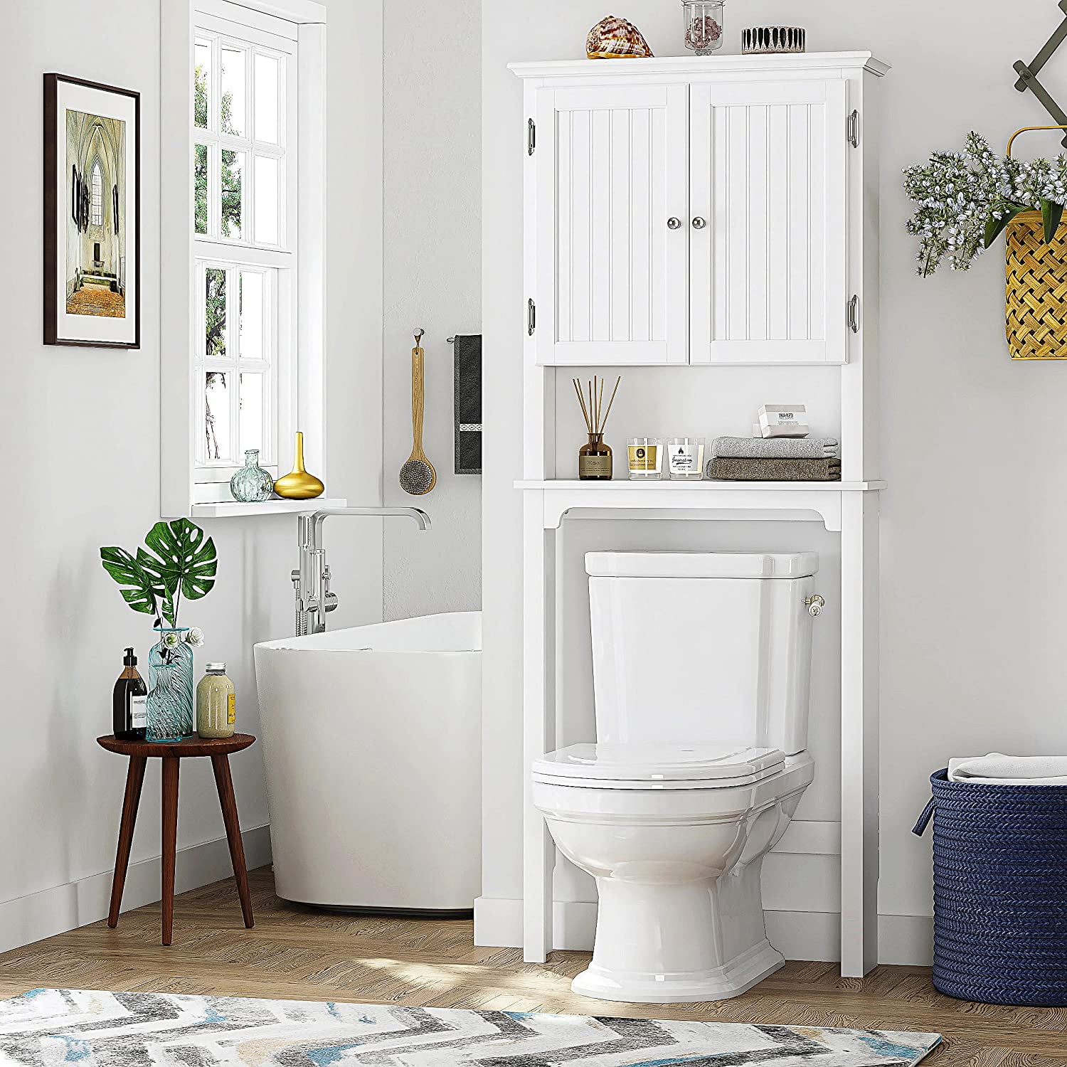 UTEX Bathroom Storage Over The Toilet, Bathroom Cabinet Organizer with Adjustable Shelves and Double Doors, Wood Bathroom Space Saver, White