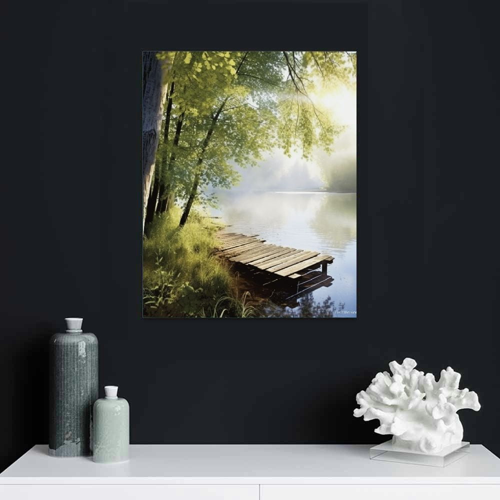 Creowell  Lake Landscape Wall Art Canvas: Modern Nature Sunrise Scene Picture Print Vertical Pier View Painting Artwork for Living Room Bedroom Decor 16x20 in/12x16 in