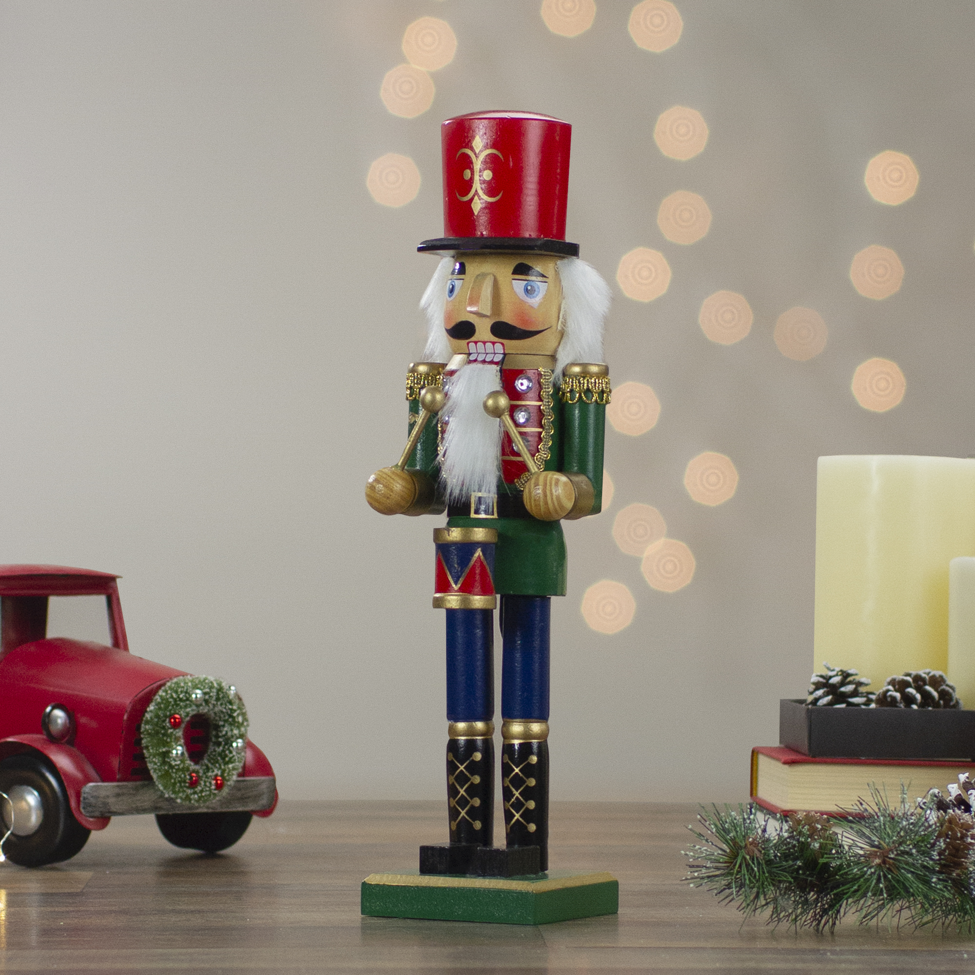 14" Decorative Green Red and Gold Wooden Christmas Nutcracker Drummer