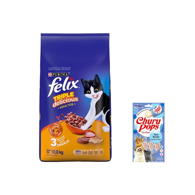 Felix Triple Delicious Granja 10 kg + Churu Pops Atún Snack 4 tubos de 15g