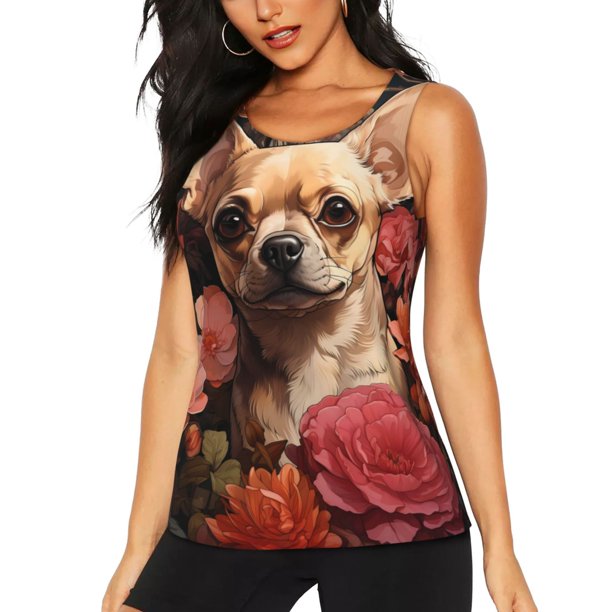 Fotbe Vintage Red Flower Chihuahua Blusas Sin Mangas para Mujer – Estilo Casual, Corte Suelto, Slim-Fit, Cuello Redondo Deportivo, Tops de Verano para Gimnasio y Yoga-Small