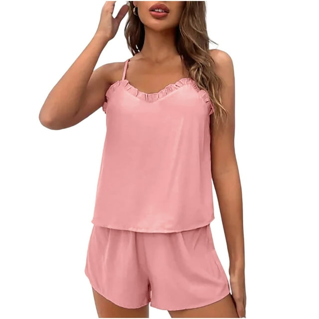 Ensemble de Pyjama d'Été pour Femmes 2 Pcs Cami à Volants et Shorts Bretelles Réglables Lingerie de Nuit Confortable Tenue de Détente