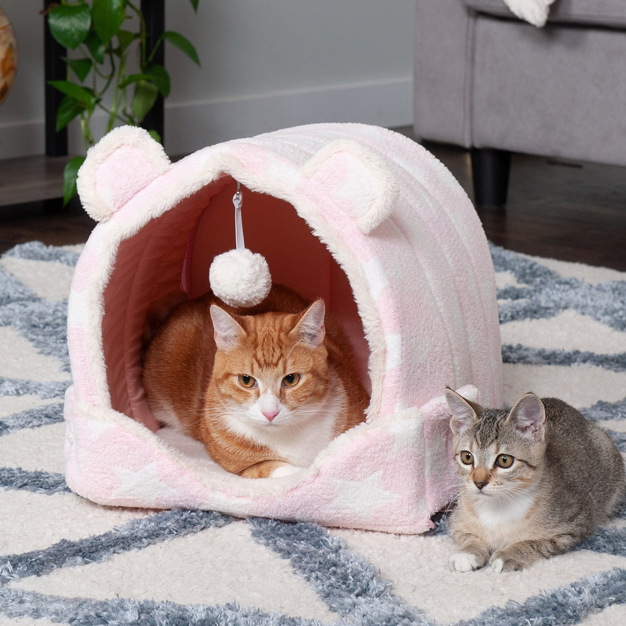 FurHaven Fleece Snuggle Hideout Pet Bed For Small Dogs and Cats - Pink Stars
